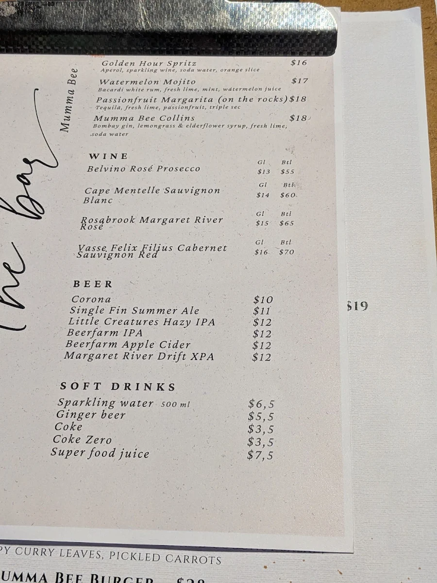 Menu, Mumma Bee Cafe
