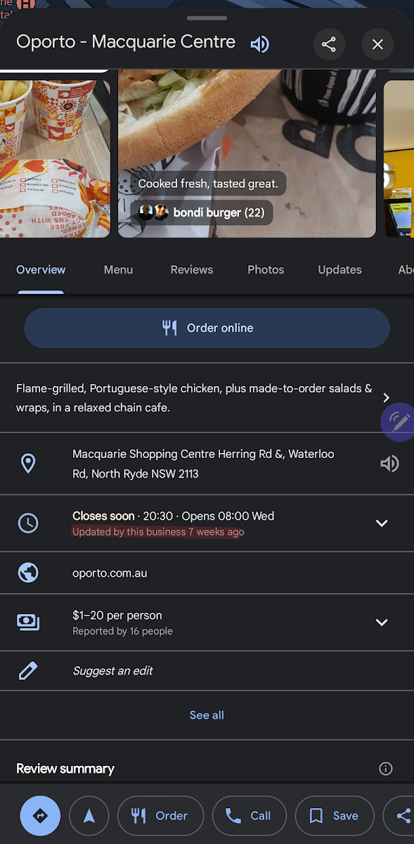 Menu, Oporto Macquarie Centre
