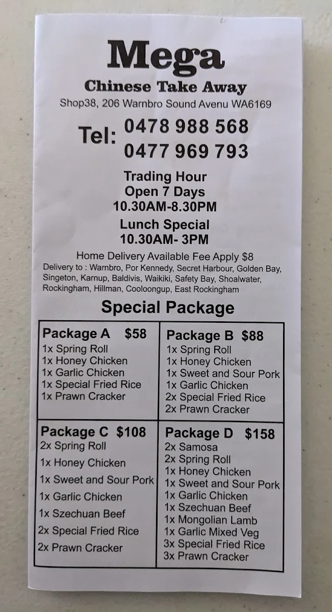 Menu, Mega Chinese Take Away