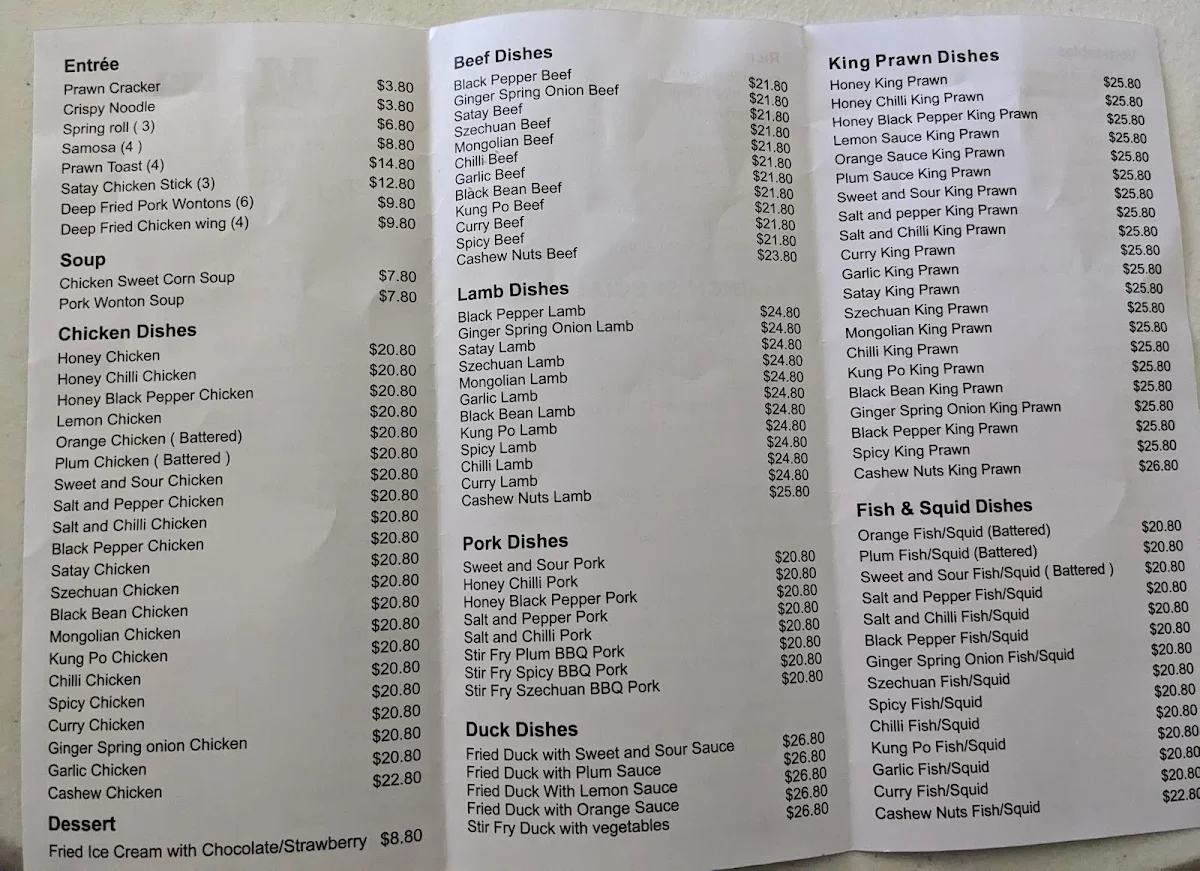 Menu, Mega Chinese Take Away