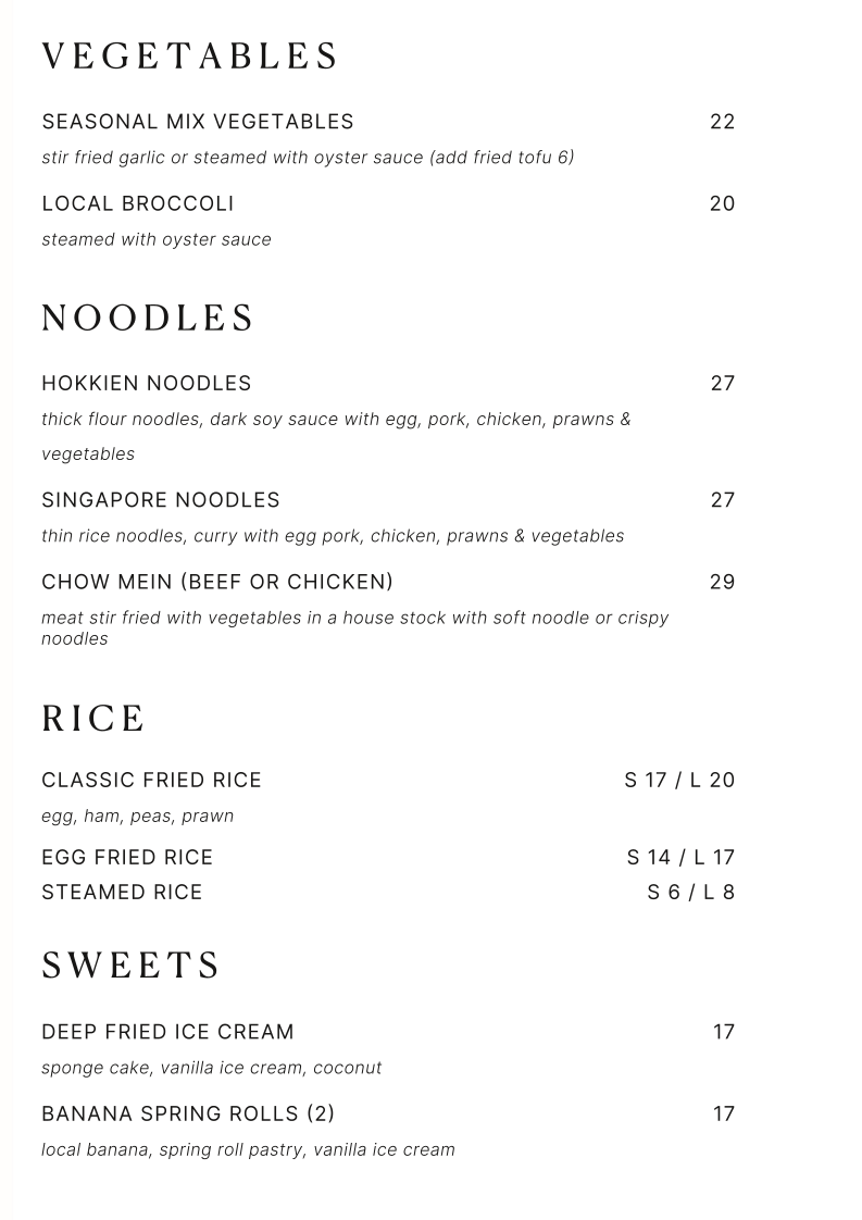 Menu, Jade Inn Port Douglas