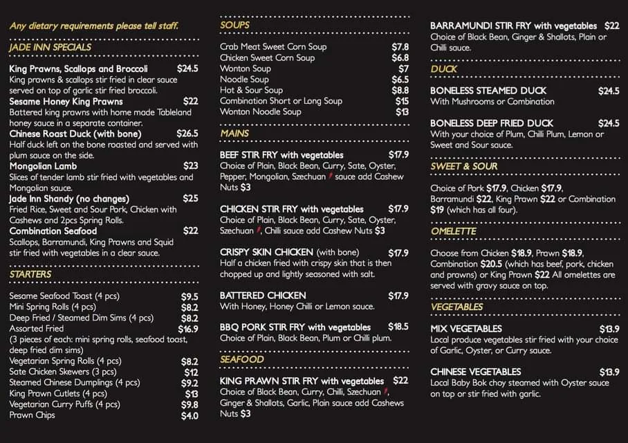 Menu, Jade Inn Port Douglas