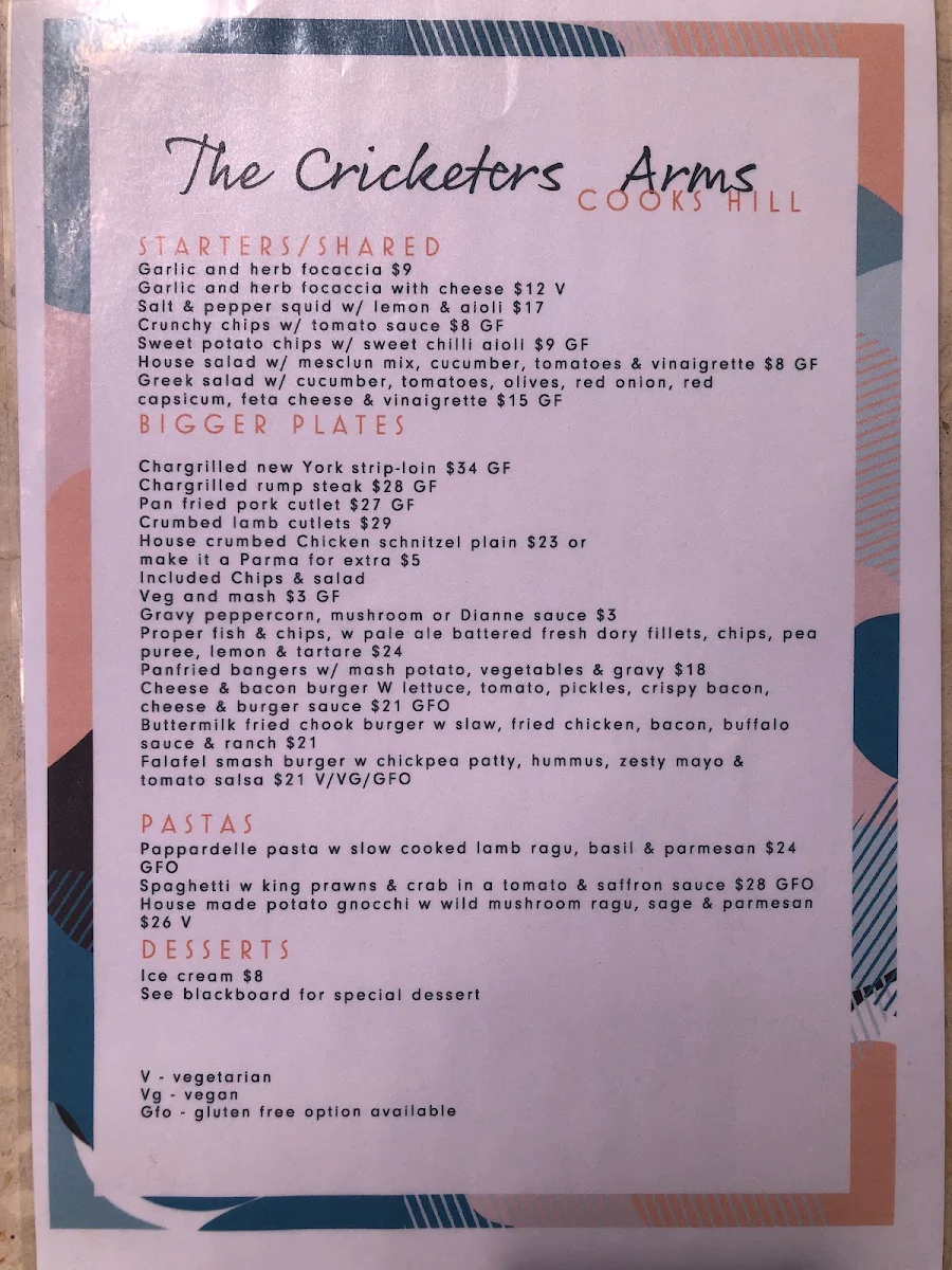 Menu, Cricketer's Arms Hotel