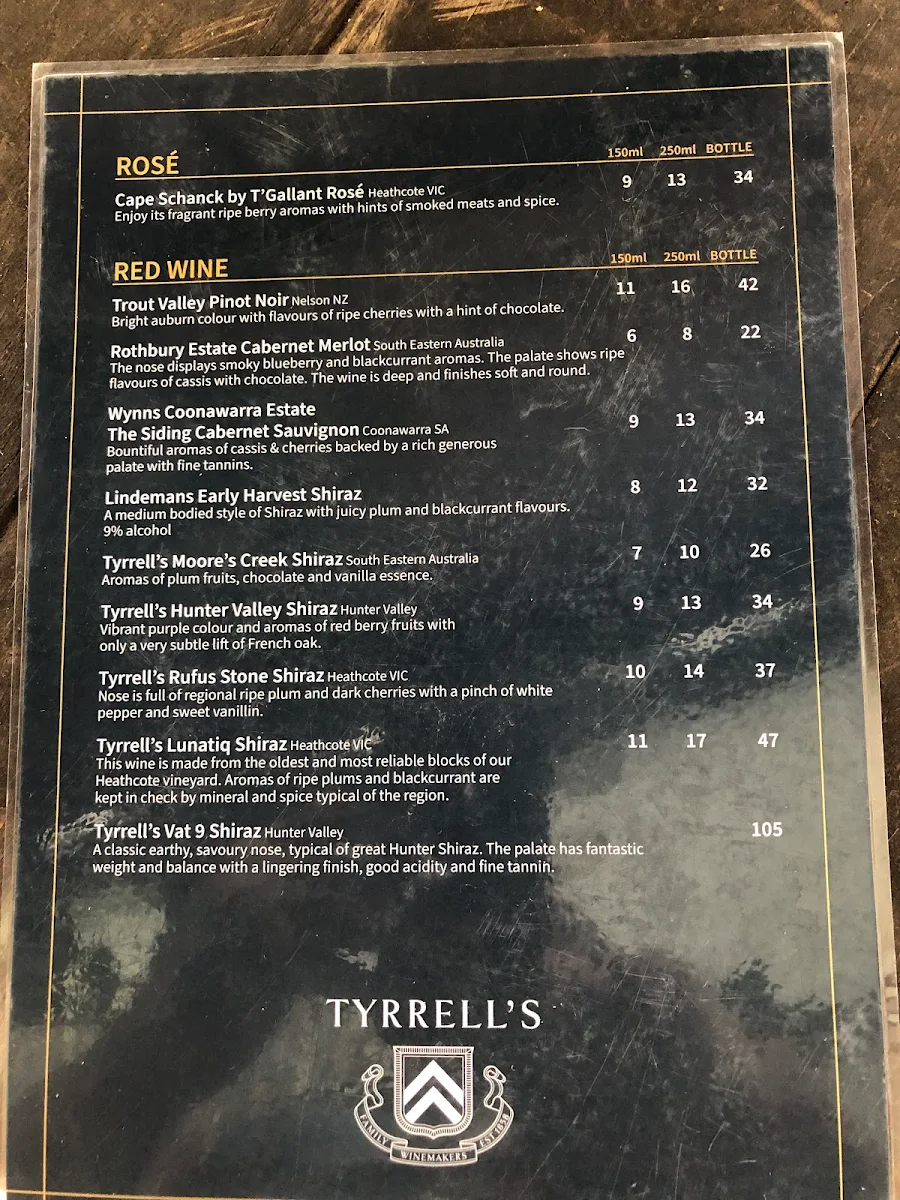 Menu, Cricketer's Arms Hotel