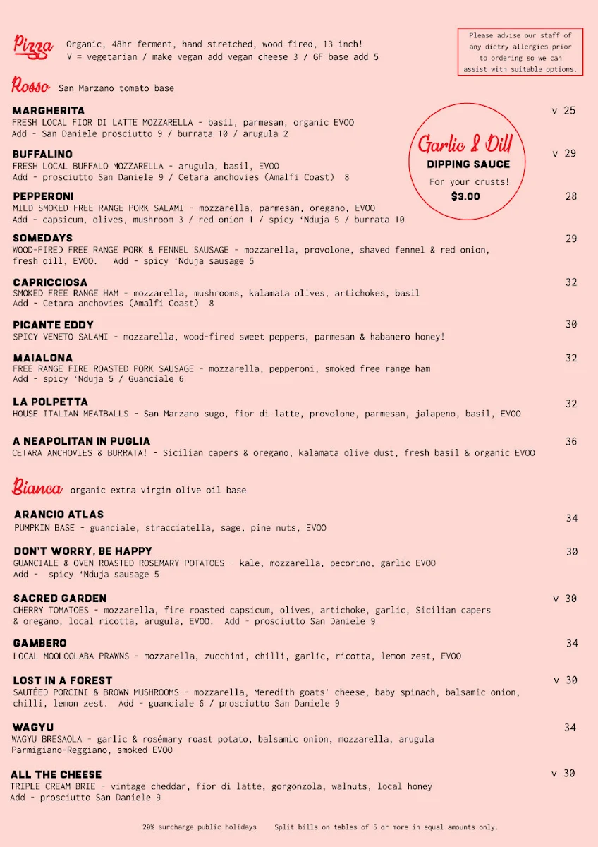 Menu, Somedays Pizza
