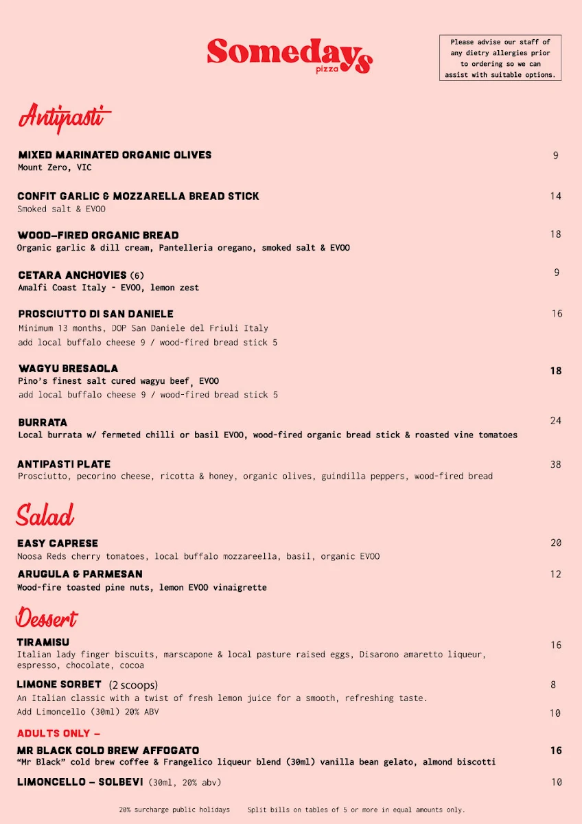 Menu, Somedays Pizza