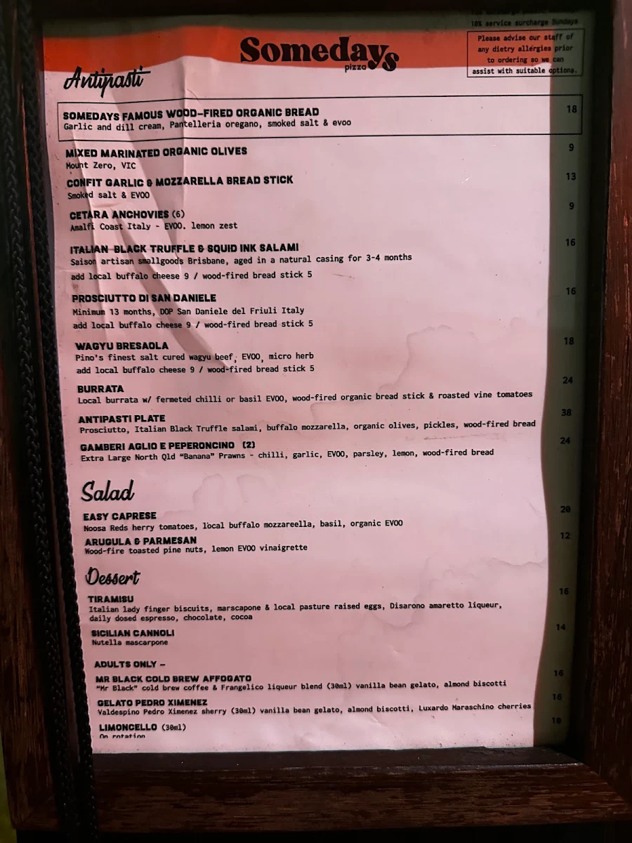 Menu, Somedays Pizza