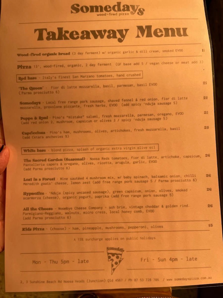 Menu, Somedays Pizza