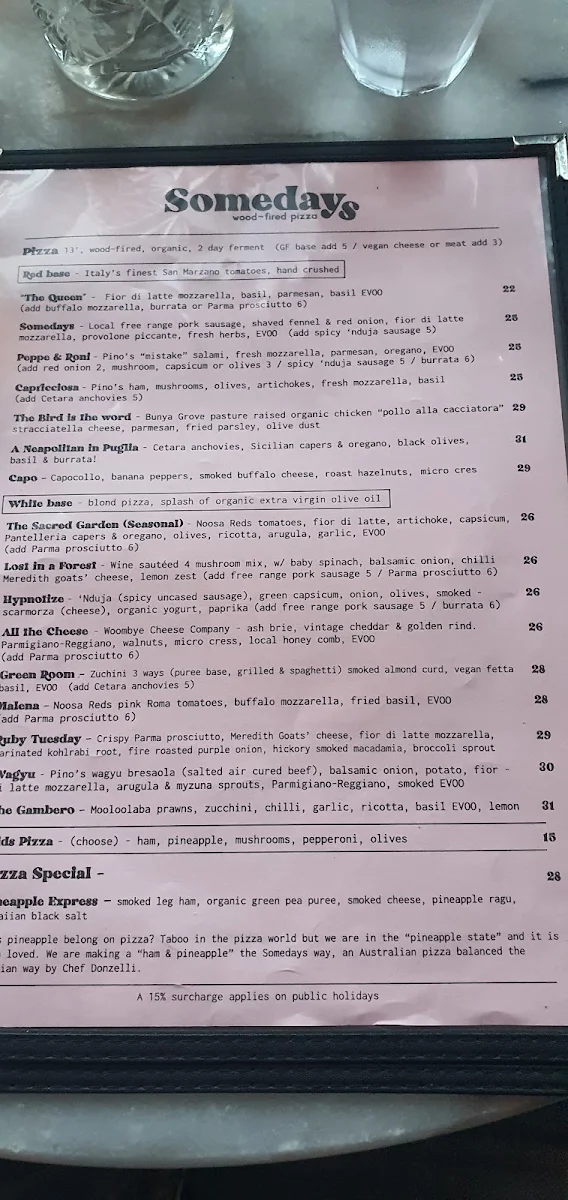 Menu, Somedays Pizza