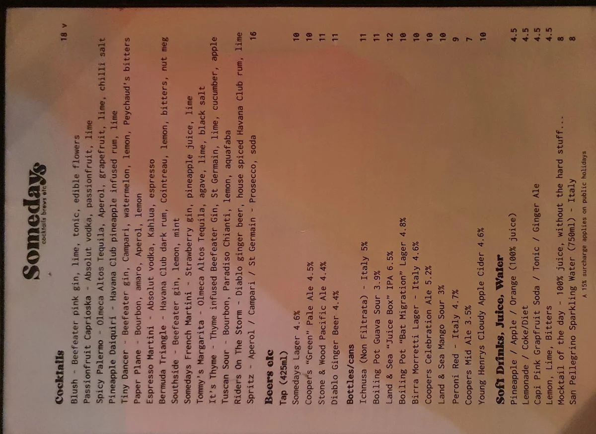 Menu, Somedays Pizza
