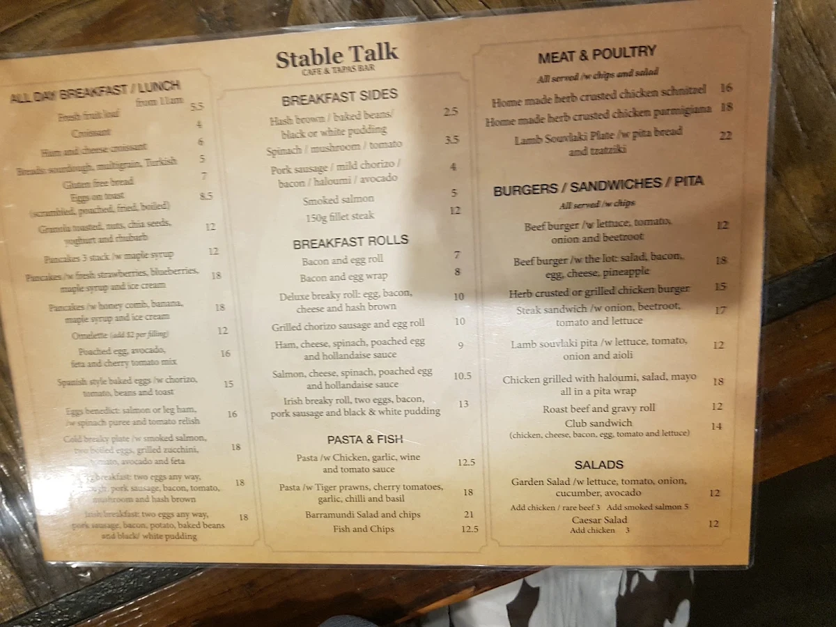 Menu, Stable Talk Cafe Kensington