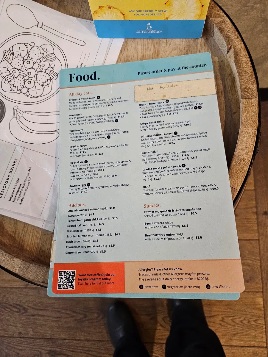 Menu, Jamaica Blue Joondalup