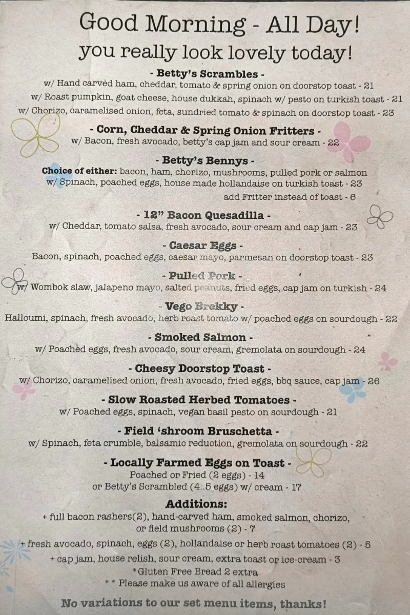 Menu, Betty Blue & The Lemon Tart
