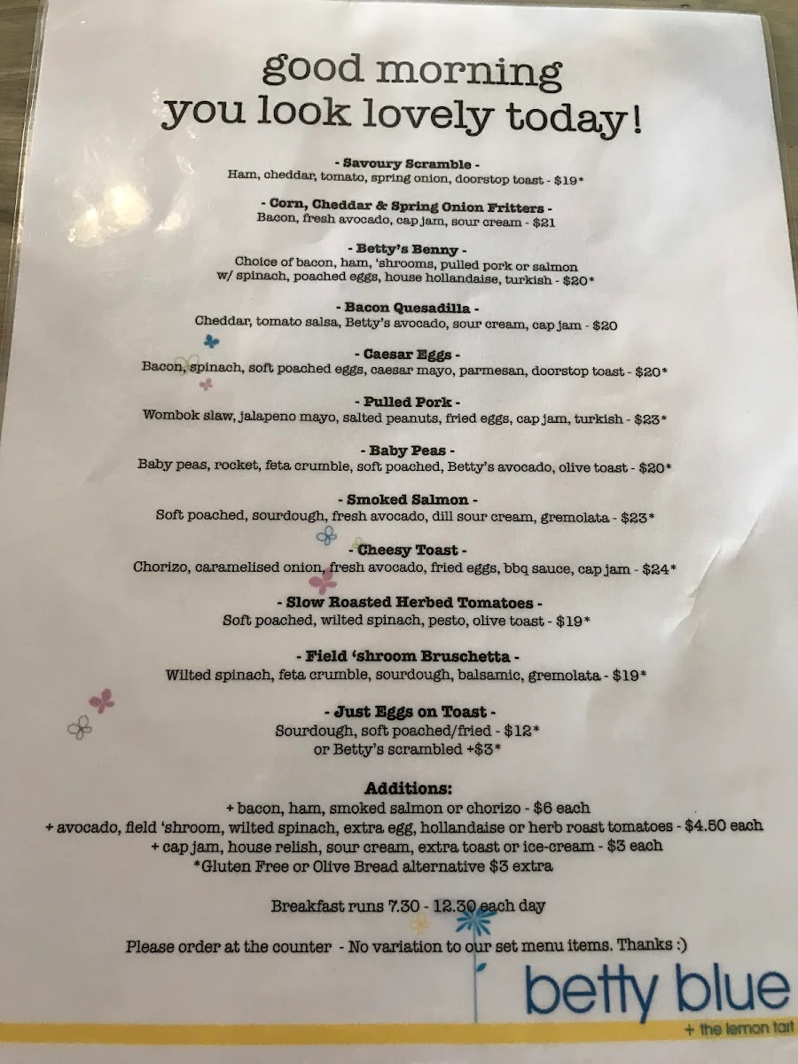 Menu, Betty Blue & The Lemon Tart