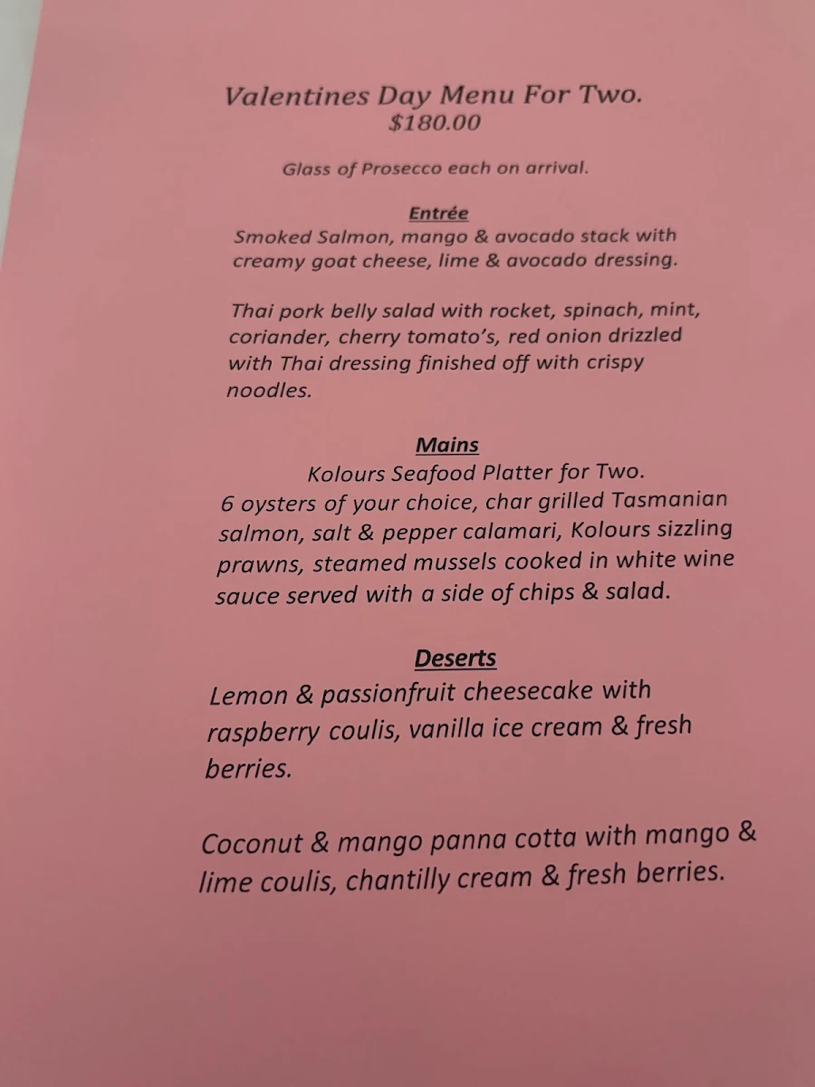 Menu, Kolours Restaurant