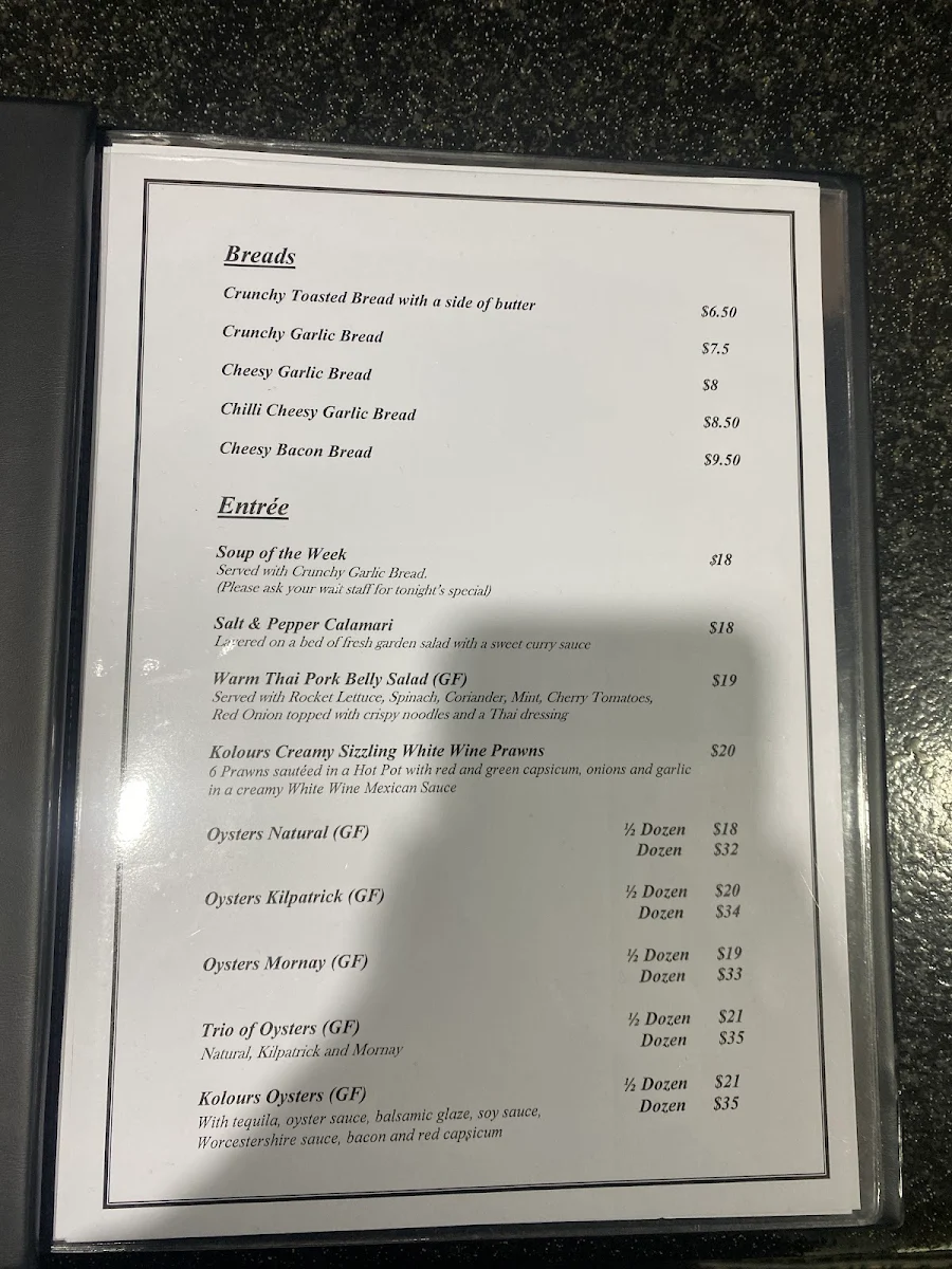 Menu, Kolours Restaurant