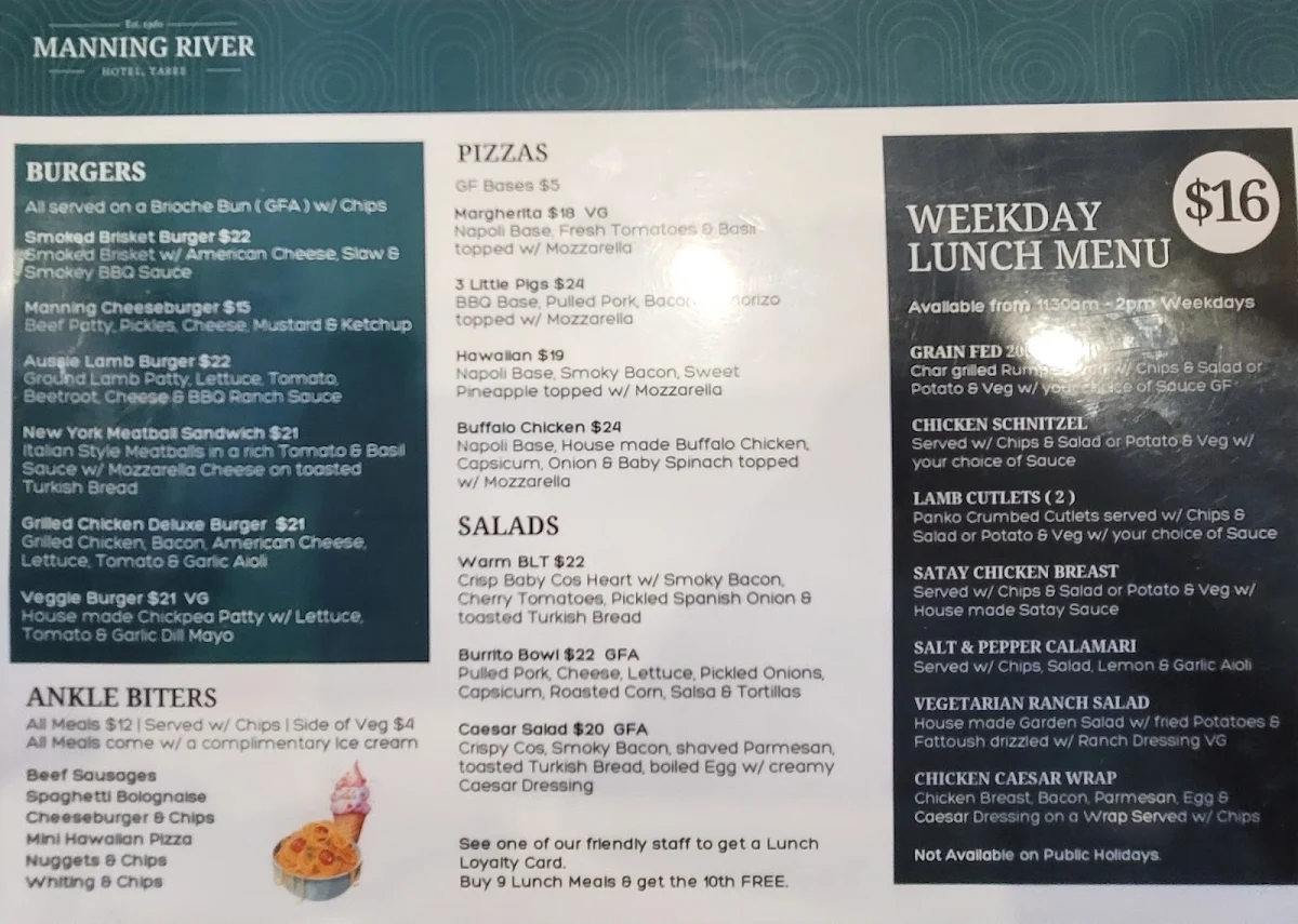Menu, Manning River Hotel