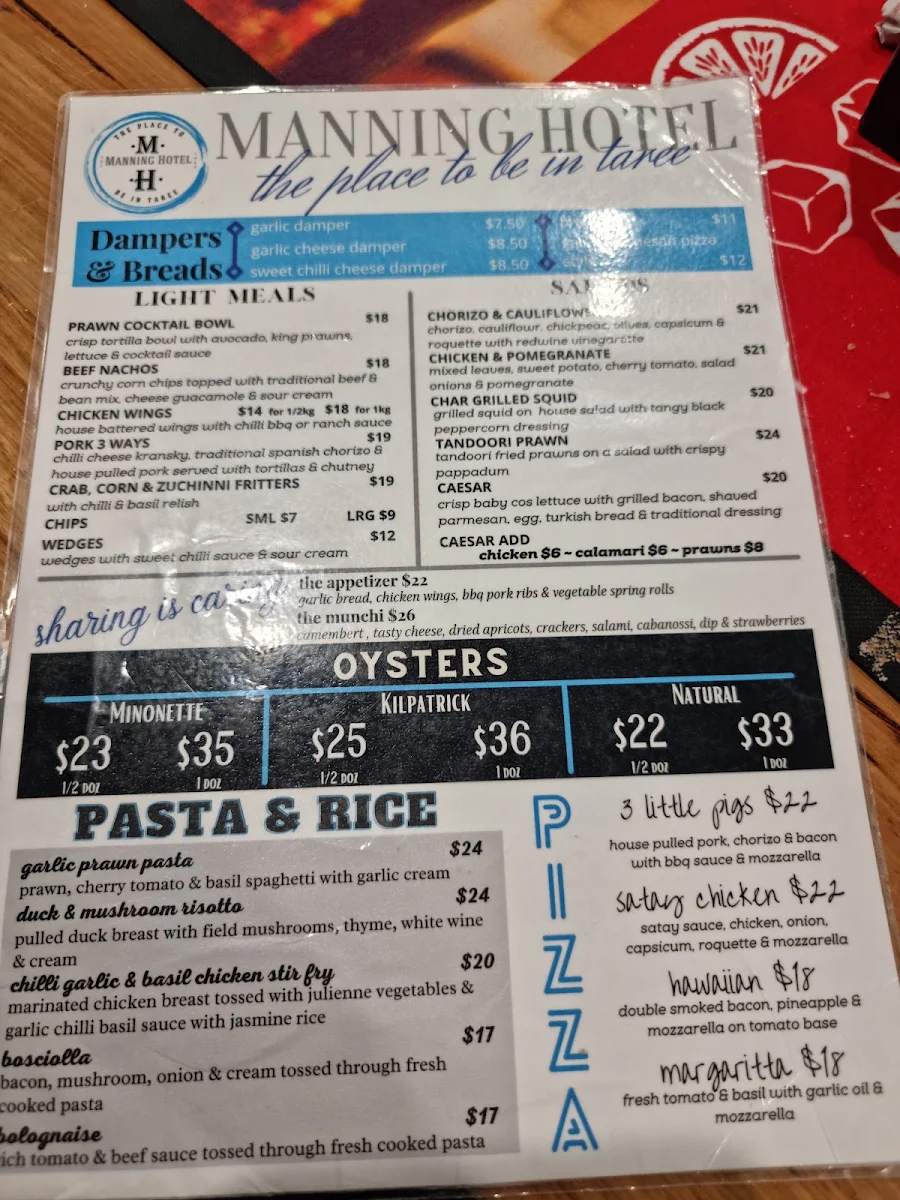 Menu, Manning River Hotel