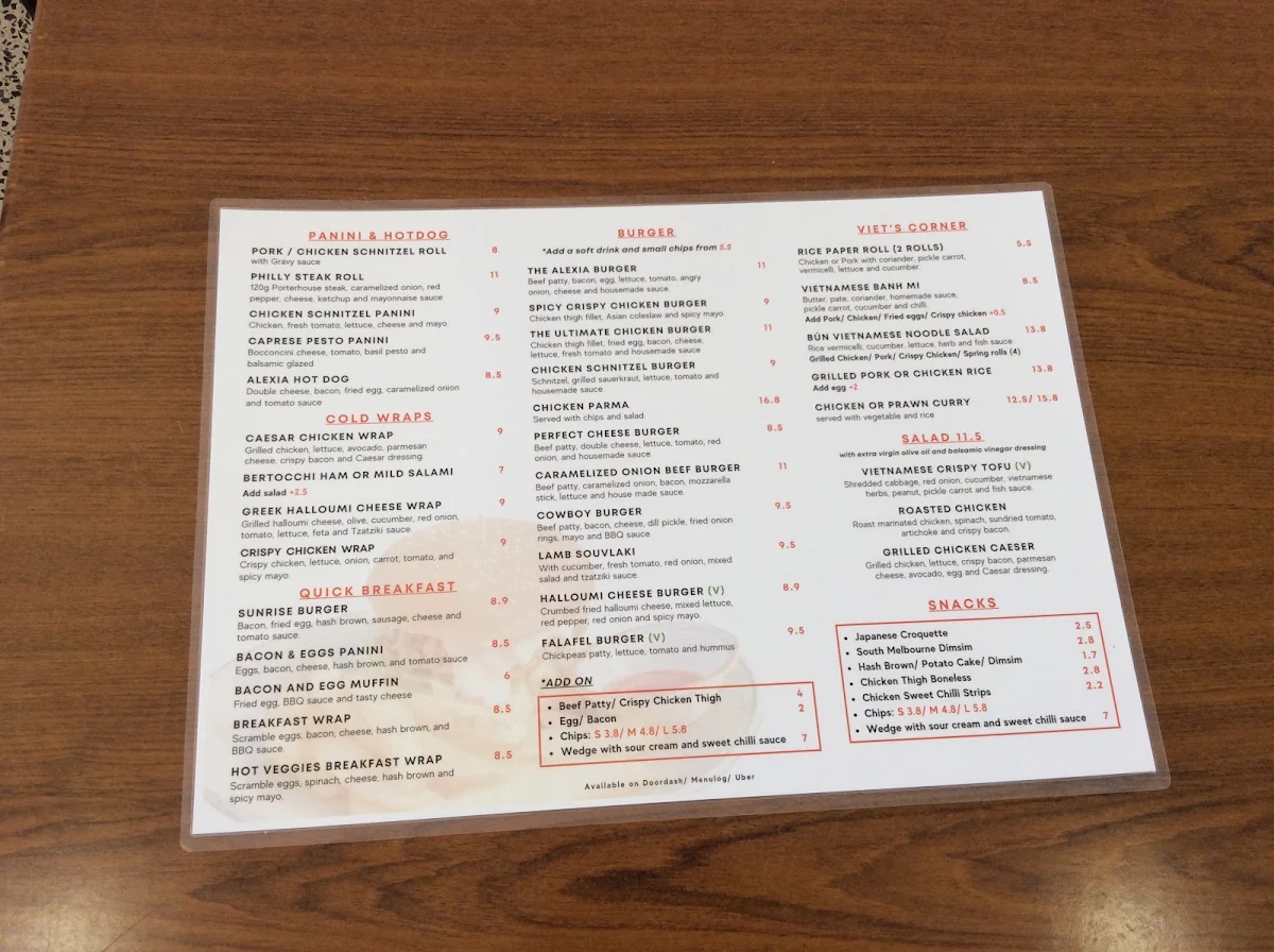 Menu, Alexia Cafe