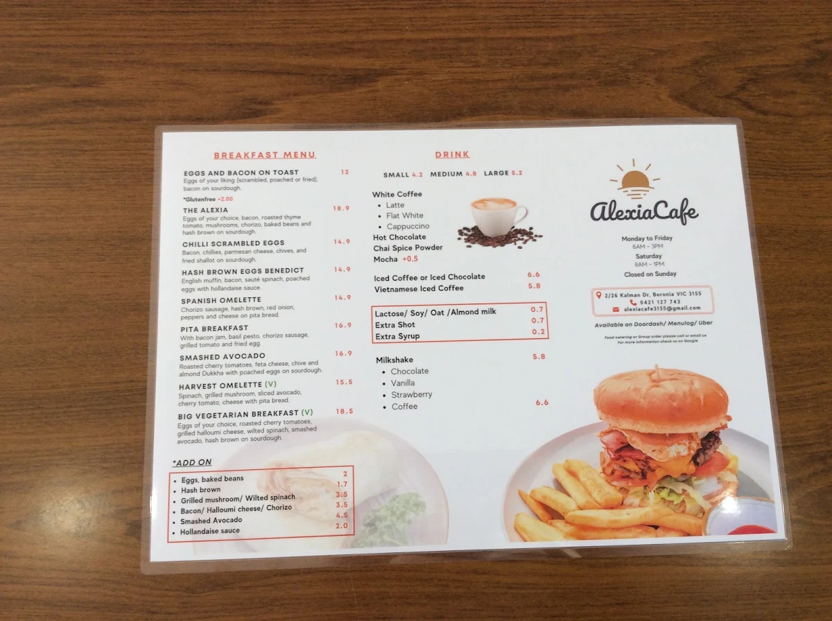 Menu, Alexia Cafe