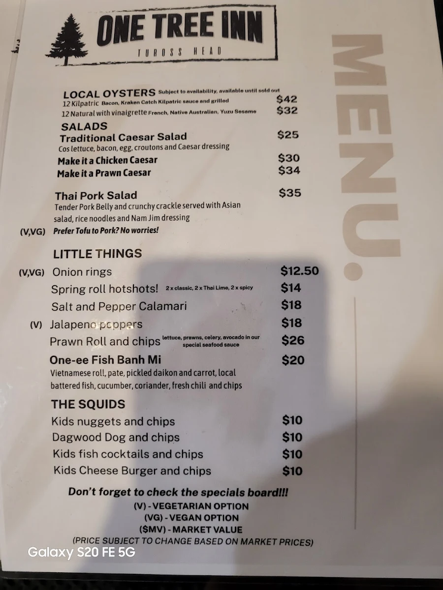 Menu, One Tree Inn
