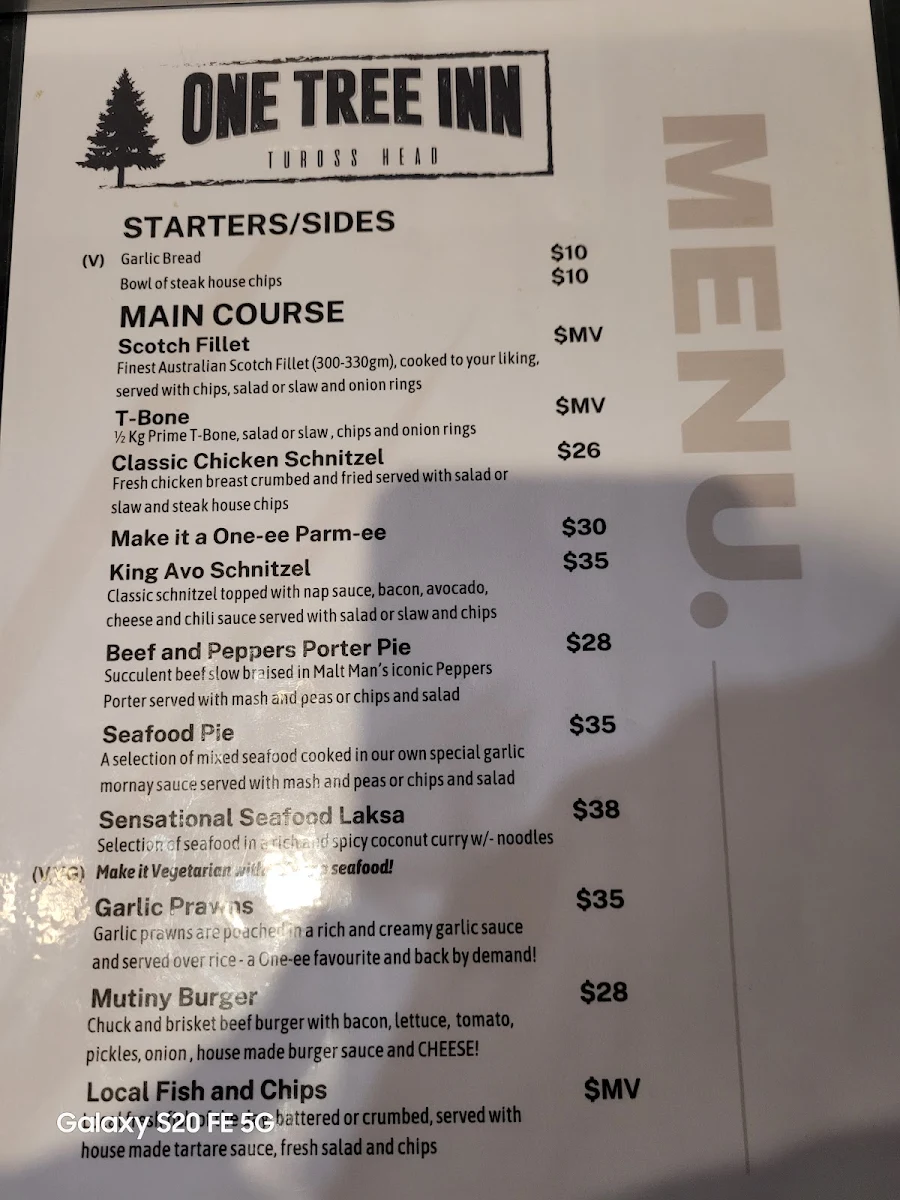 Menu, One Tree Inn