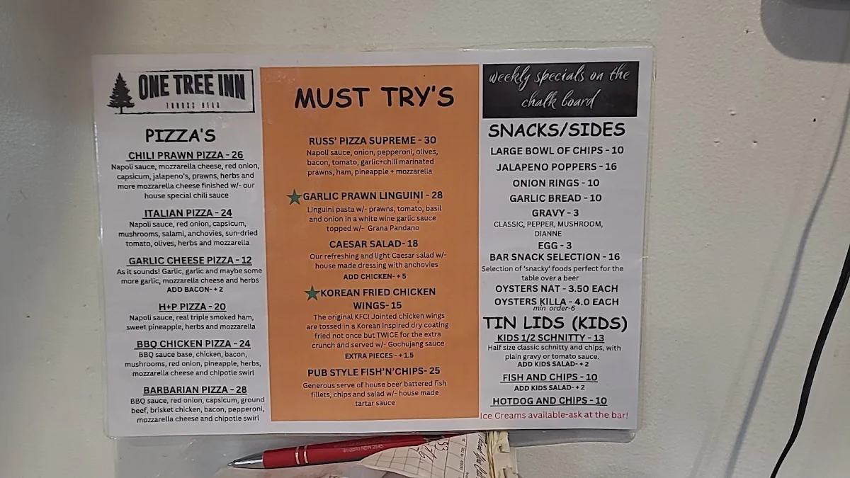 Menu, One Tree Inn