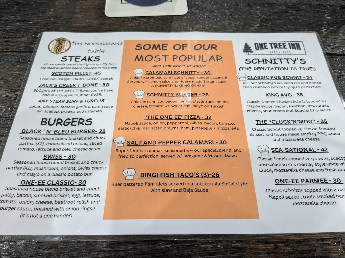 Menu, One Tree Inn
