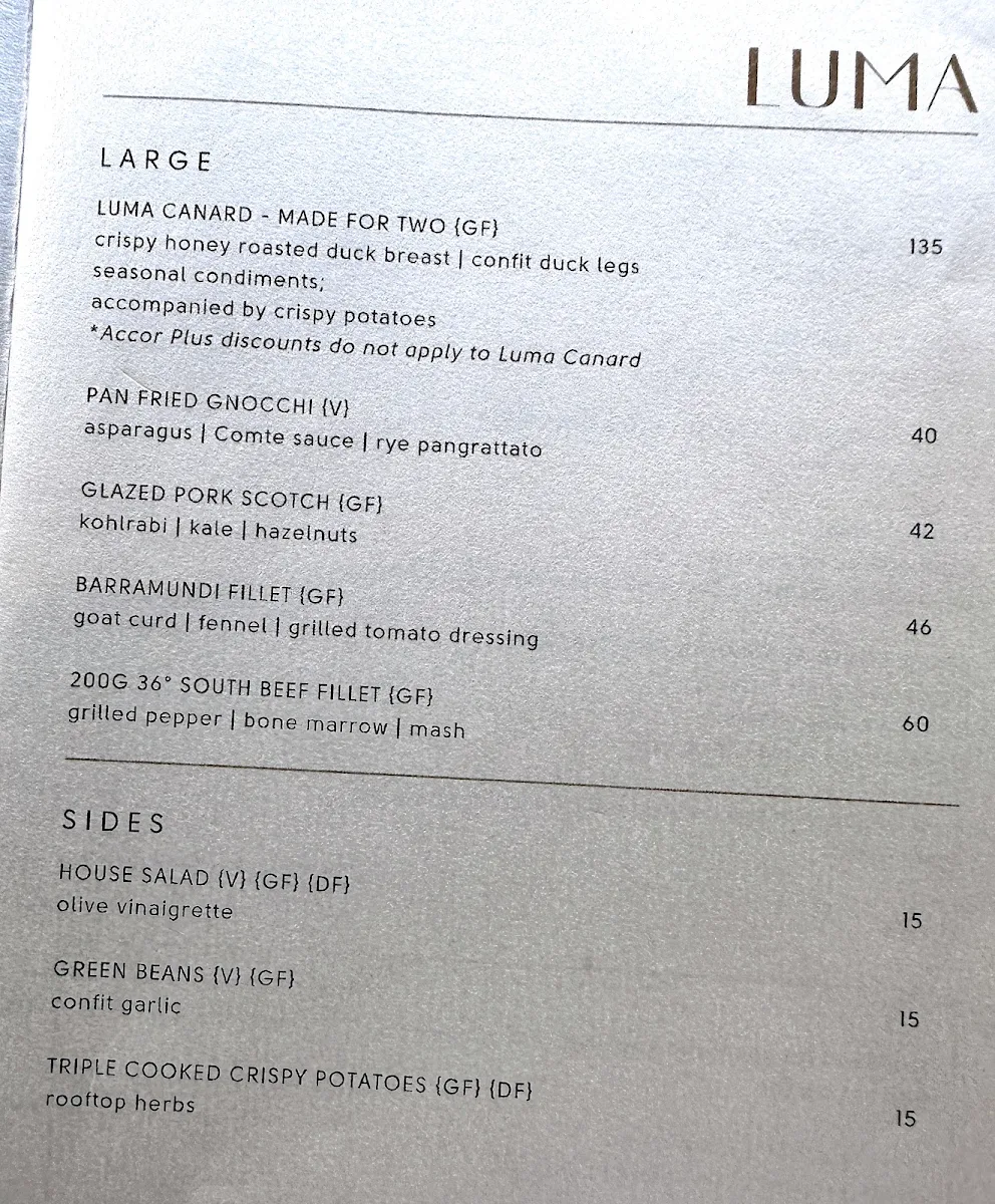 Menu, Luma Restaurant & Bar