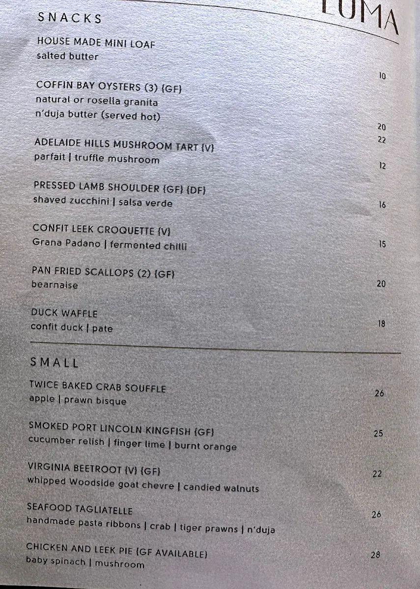 Menu, Luma Restaurant & Bar