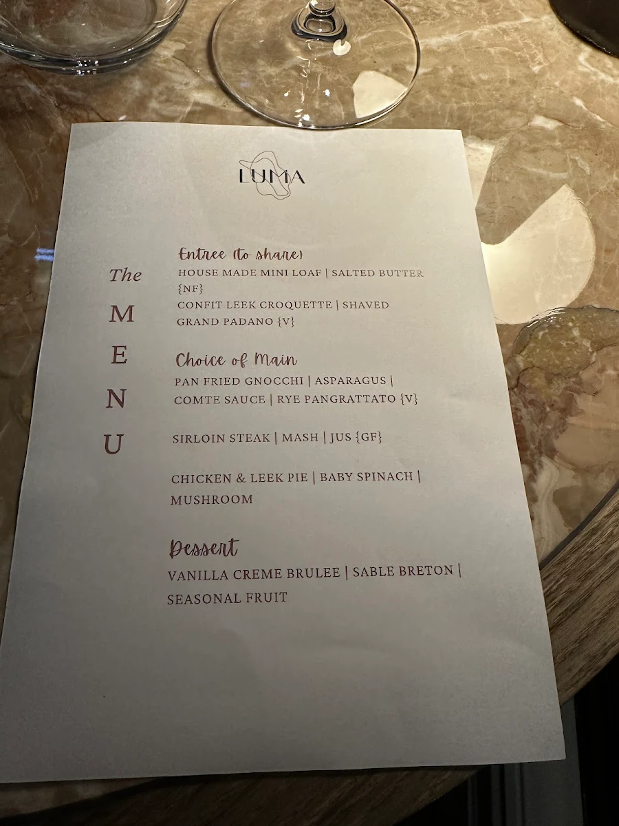 Menu, Luma Restaurant & Bar