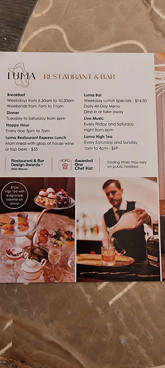 Menu, Luma Restaurant & Bar