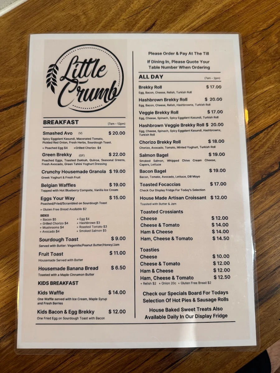 Menu, Little Crumb Bakery