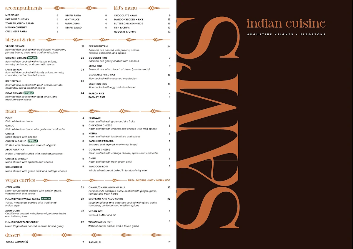 Menu, Sam's Indian Cuisine - Flagstone