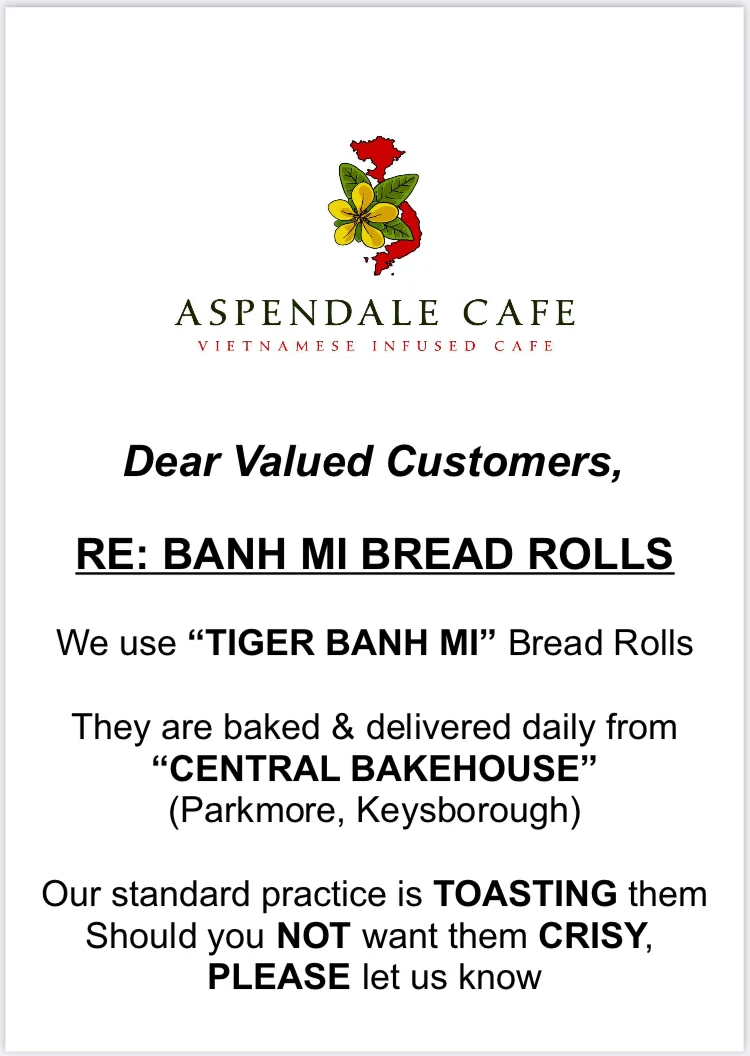 Menu, Aspendale Cafe
