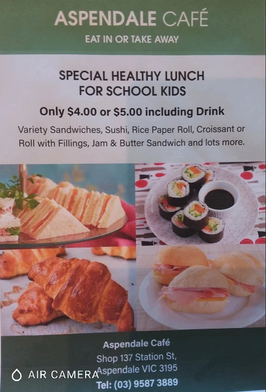 Menu, Aspendale Cafe