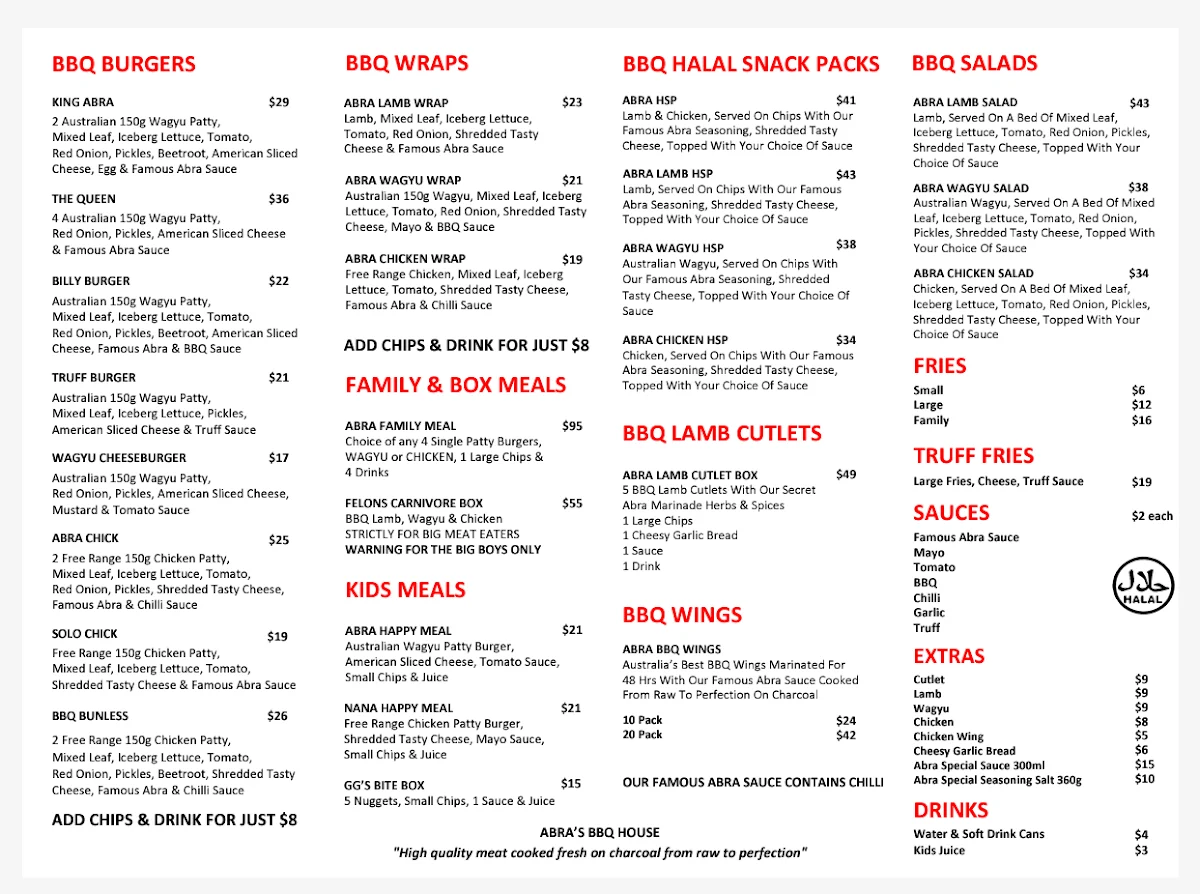 Menu, ABRAS BBQ HOUSE (PEAKHURST)
