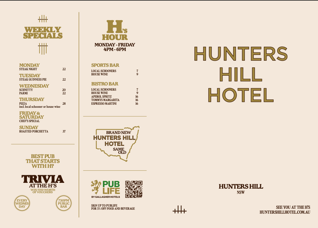 Menu, Hunters Hill Hotel