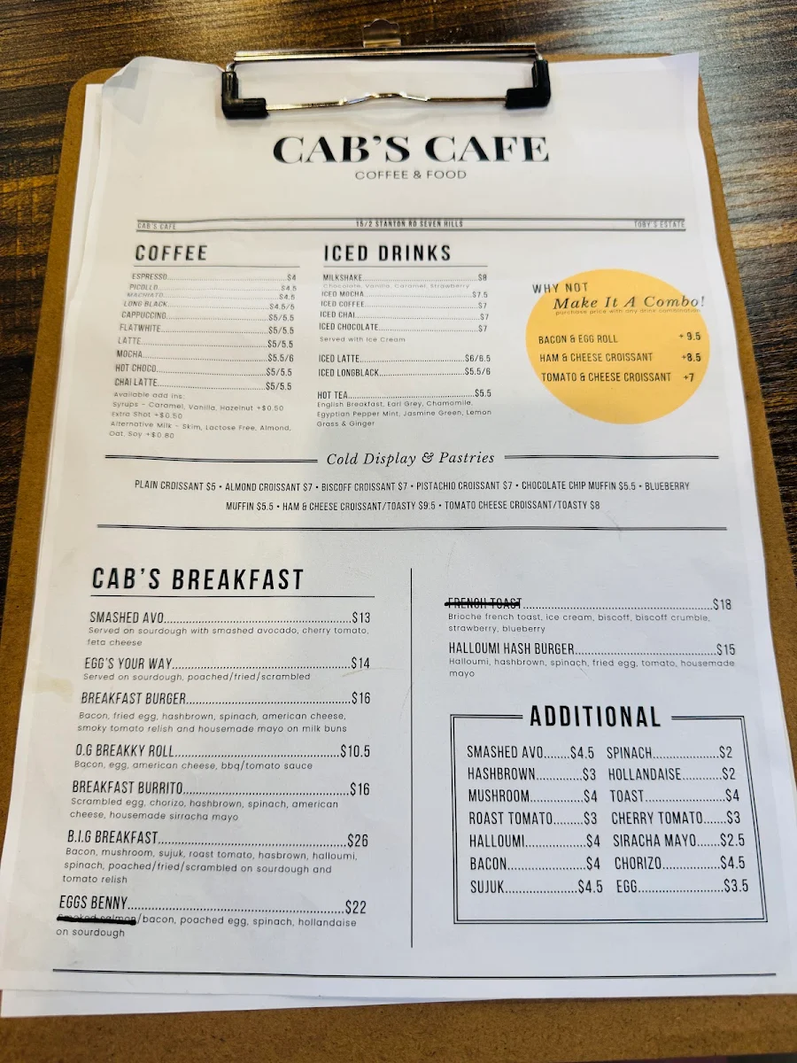 Menu, Cab's Cafe
