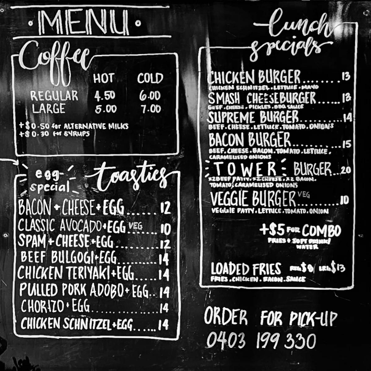 Menu, Cab's Cafe