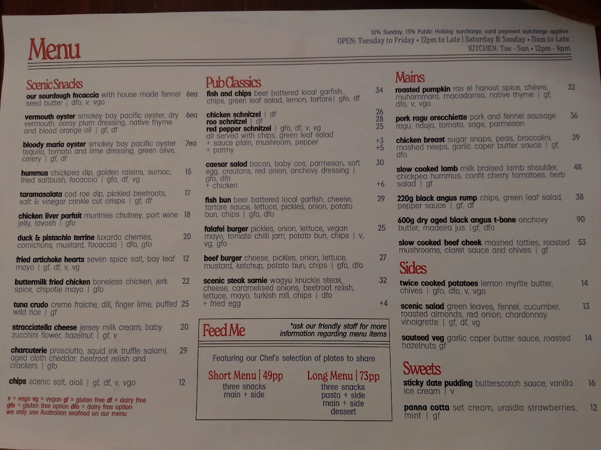 Menu, Scenic Hotel