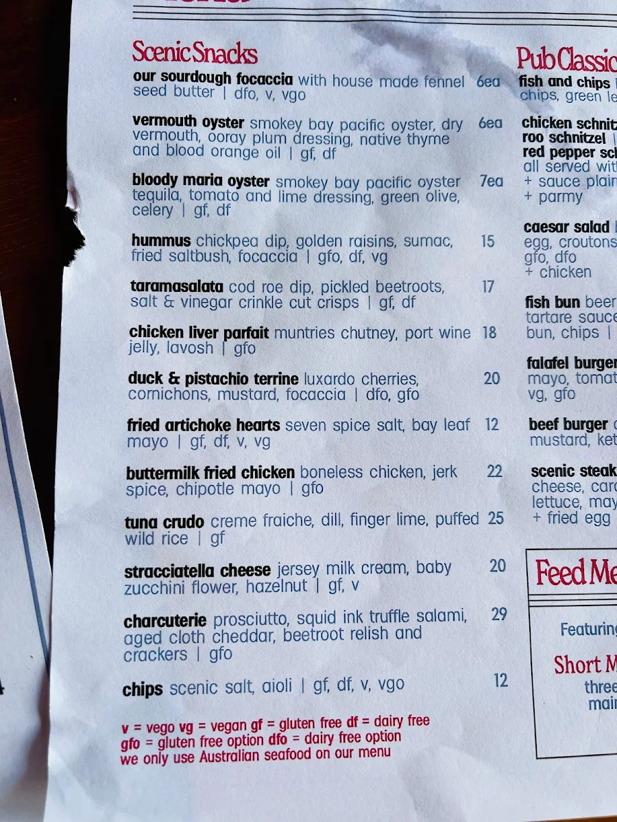 Menu, Scenic Hotel