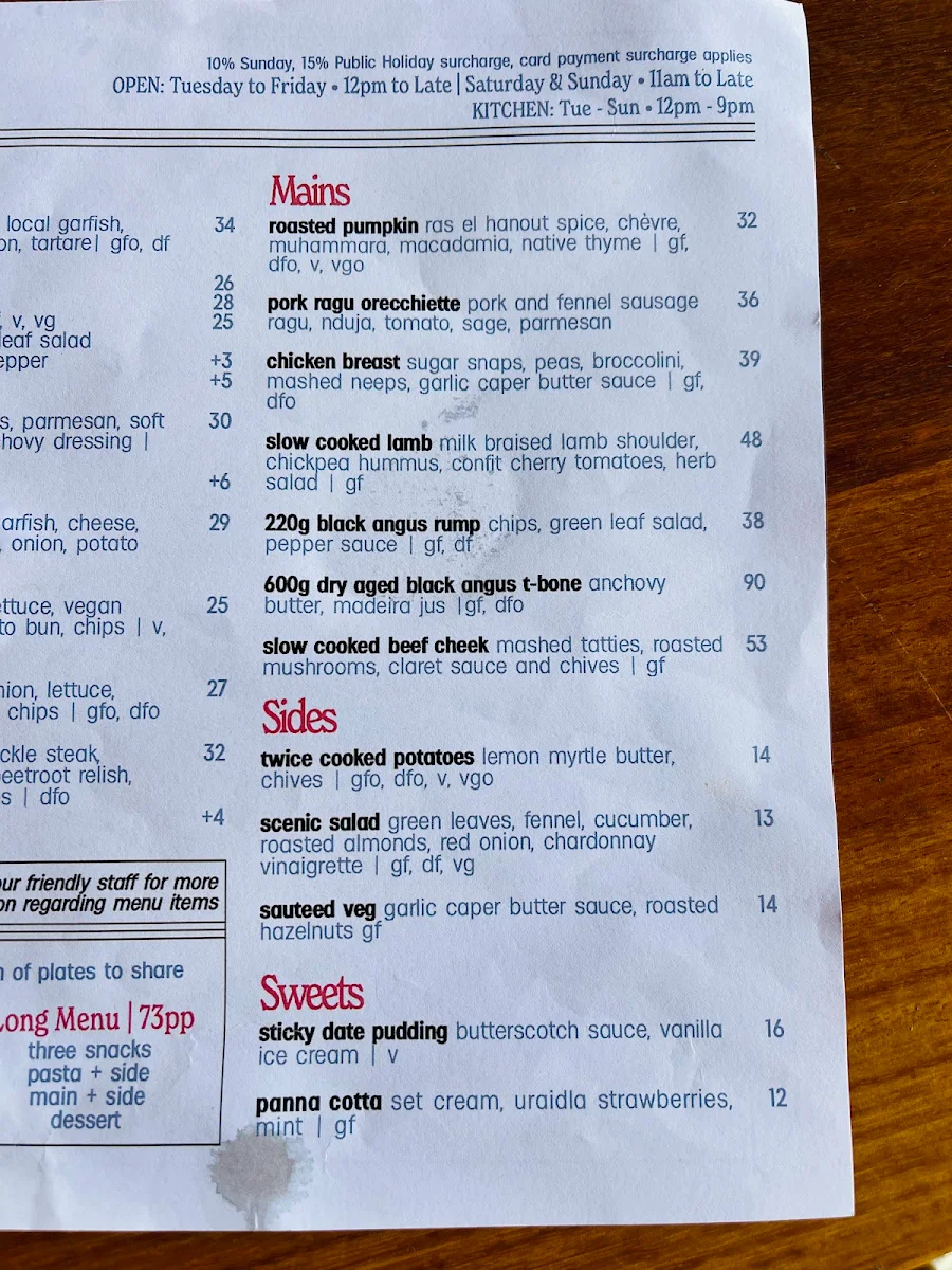 Menu, Scenic Hotel