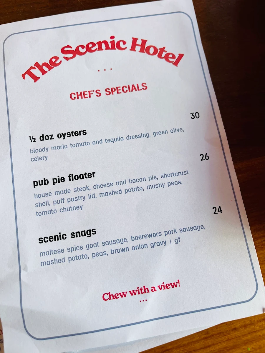 Menu, Scenic Hotel