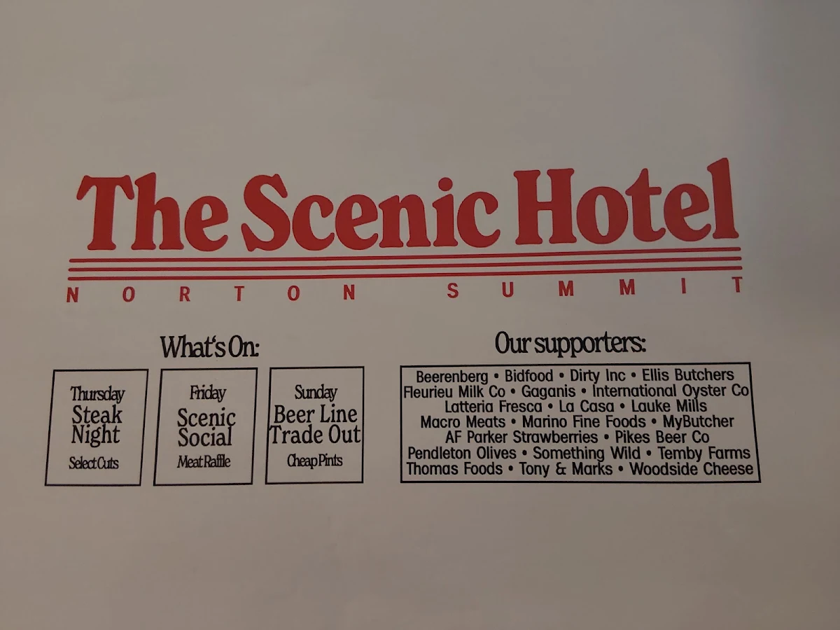 Menu, Scenic Hotel