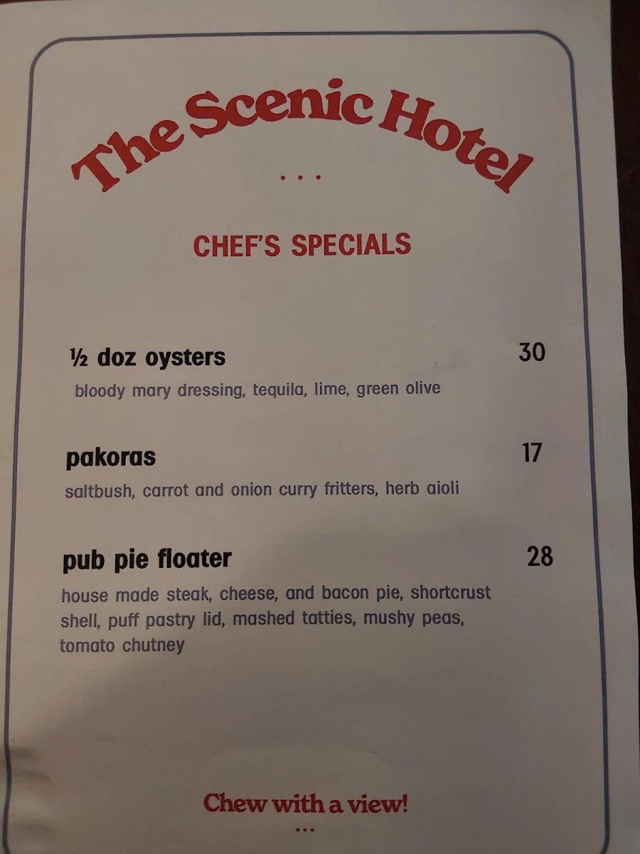Menu, Scenic Hotel