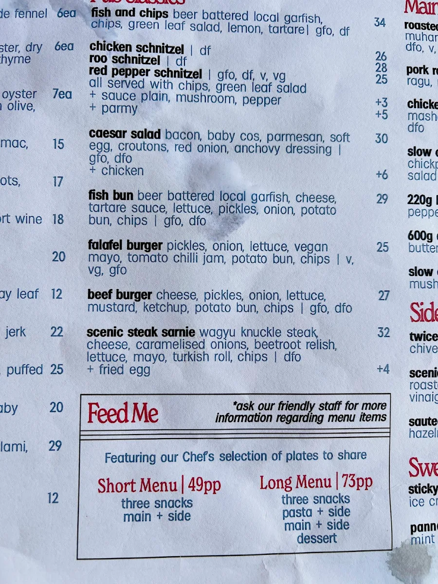 Menu, Scenic Hotel