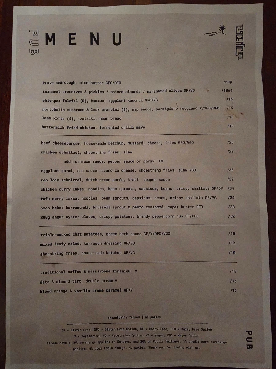Menu, Scenic Hotel