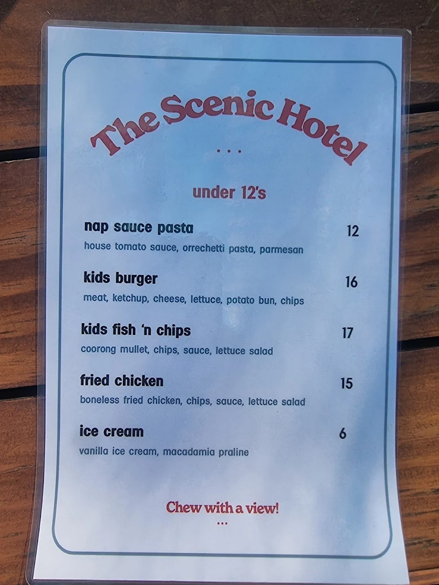 Menu, Scenic Hotel