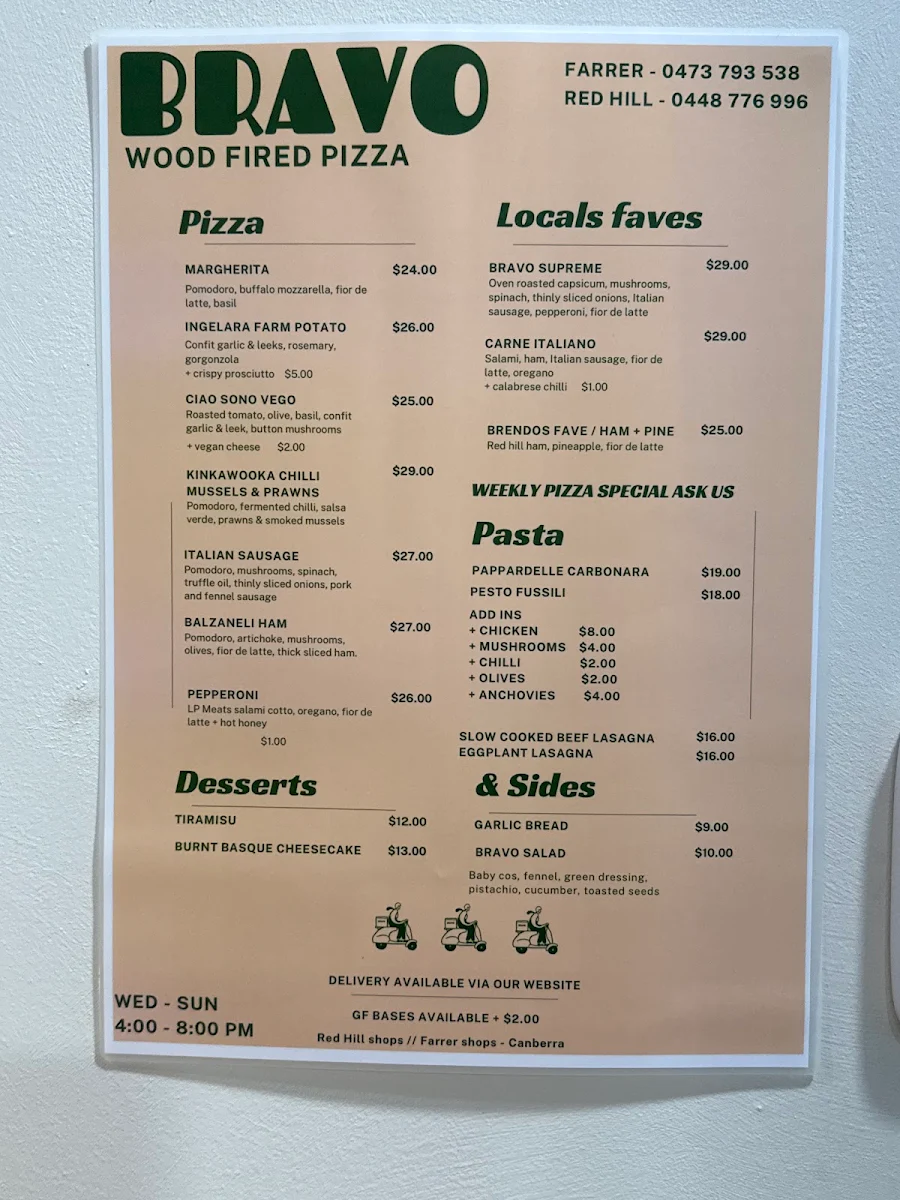 Menu, BRAVO WOODFIRED PIZZA - Farrer